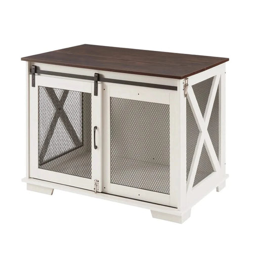 Farmhouse Dog Cage Crate Furniture with Sliding Barn Door, Farmhouse Wooden Dog Kennel End Table with Flip-top Plate Dog House with Detachable Divider for Small/Medium/Large Dog White Default -DTYStore