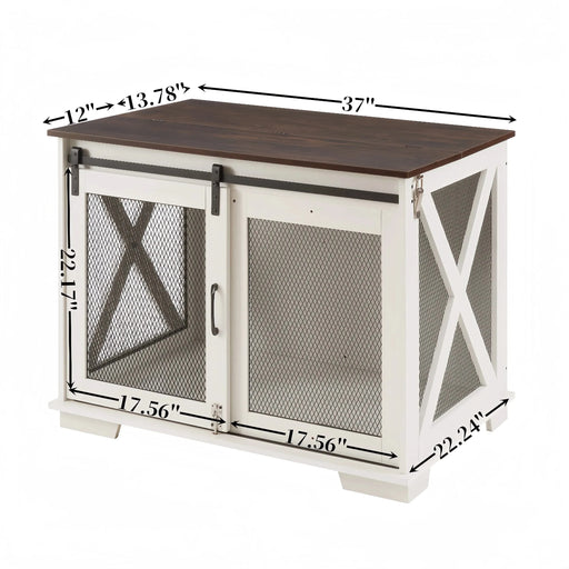 Farmhouse Dog Cage Crate Furniture with Sliding Barn Door, Farmhouse Wooden Dog Kennel End Table with Flip-top Plate Dog House with Detachable Divider for Small/Medium/Large Dog White Default -DTYStore