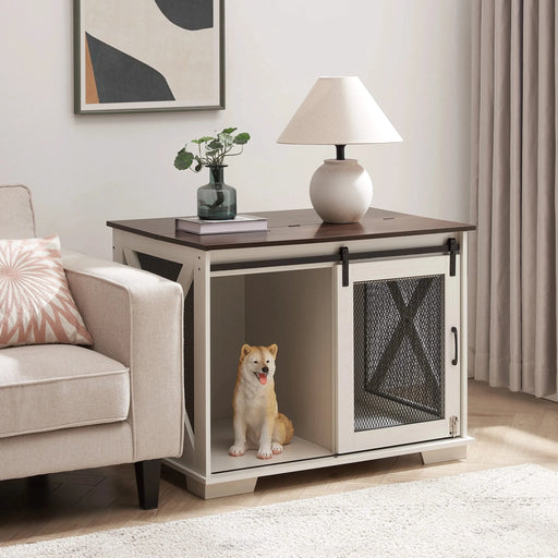 Farmhouse Dog Cage Crate Furniture with Sliding Barn Door, Farmhouse Wooden Dog Kennel End Table with Flip-top Plate Dog House with Detachable Divider for Small/Medium/Large Dog White Default -DTYStore