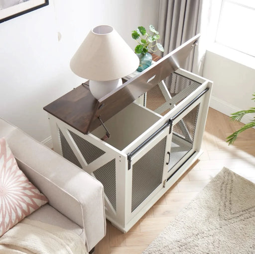 Farmhouse Dog Cage Crate Furniture with Sliding Barn Door, Farmhouse Wooden Dog Kennel End Table with Flip-top Plate Dog House with Detachable Divider for Small/Medium/Large Dog White Default -DTYStore