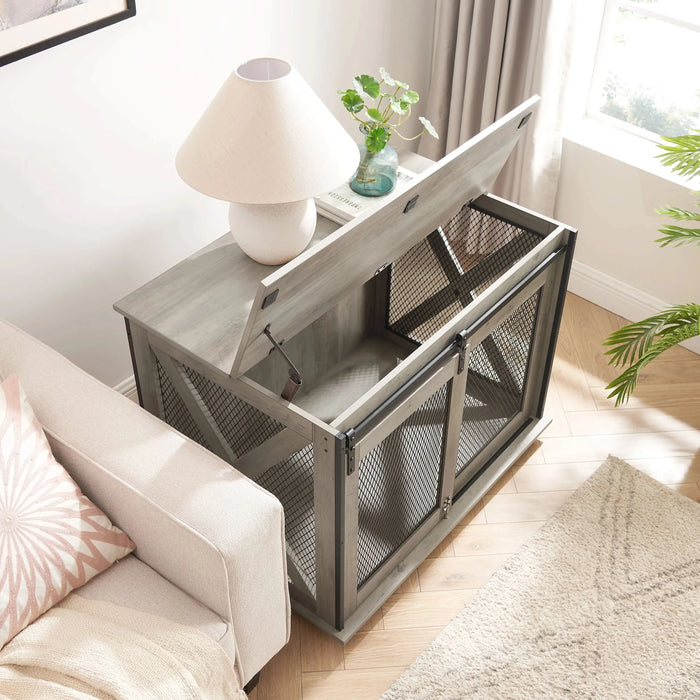 Farmhouse Dog Cage Crate Furniture with Sliding Barn Door,  Farmhouse Wooden Dog Kennel End Table with Flip-top Plate Dog House with Detachable Divider for Small/Medium/Large Dog Gray - DTY Store