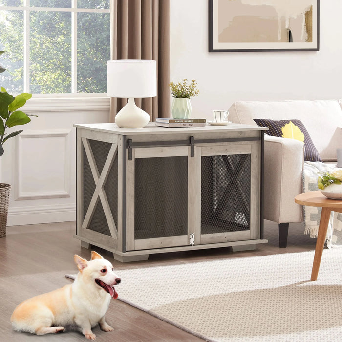 Farmhouse Dog Cage Crate Furniture with Sliding Barn Door,  Farmhouse Wooden Dog Kennel End Table with Flip-top Plate Dog House with Detachable Divider for Small/Medium/Large Dog Gray - DTY Store