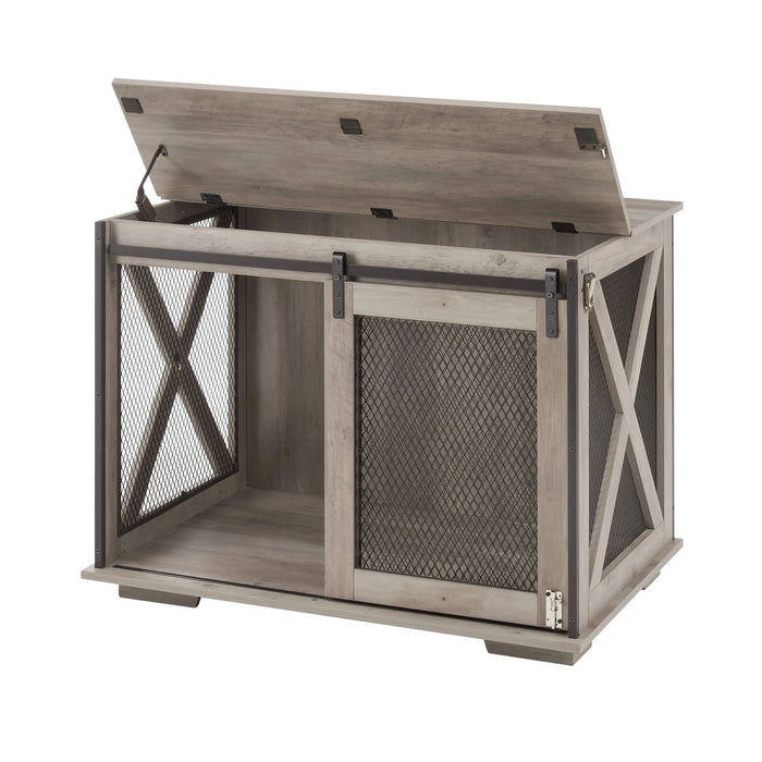 Farmhouse Dog Cage Crate Furniture with Sliding Barn Door,  Farmhouse Wooden Dog Kennel End Table with Flip-top Plate Dog House with Detachable Divider for Small/Medium/Large Dog Gray- DTY Store