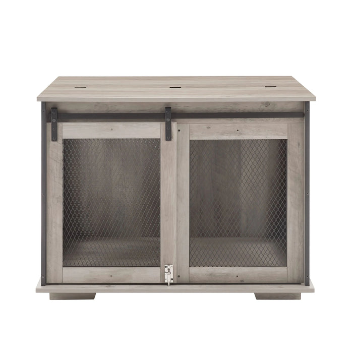 Farmhouse Dog Cage Crate Furniture with Sliding Barn Door,  Farmhouse Wooden Dog Kennel End Table with Flip-top Plate Dog House with Detachable Divider for Small/Medium/Large Dog Gray - DTY Store