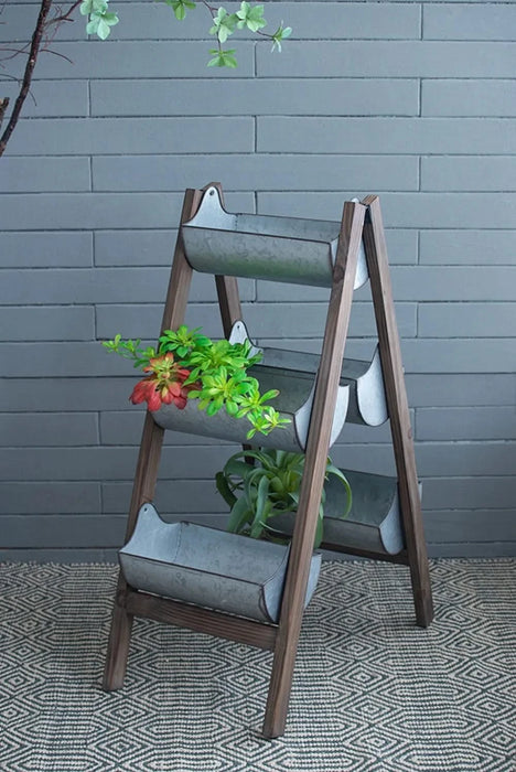 Farmhouse Foldable Reed Galvanized and Wood Ladder Planter 14.2' x 7.5' x 70.9' Default -DTYStore