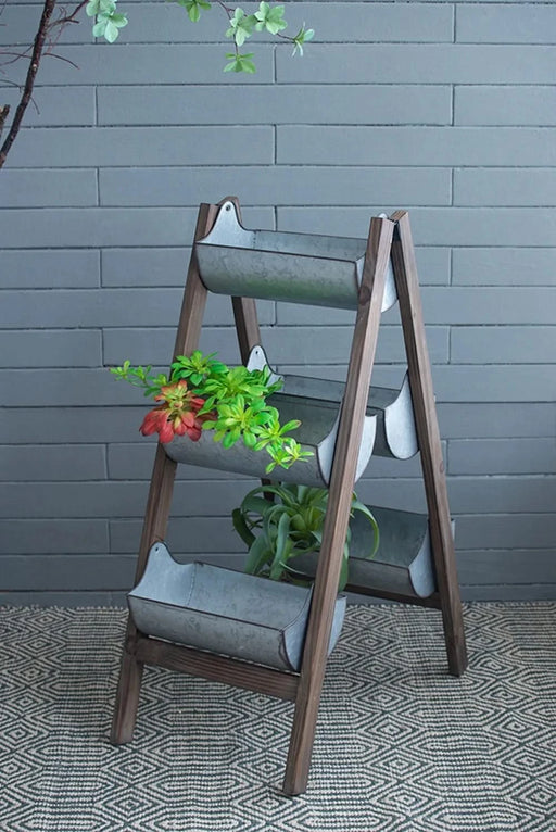 Farmhouse Foldable Reed Galvanized and Wood Ladder Planter 14.2' x 7.5' x 70.9' Default -DTYStore