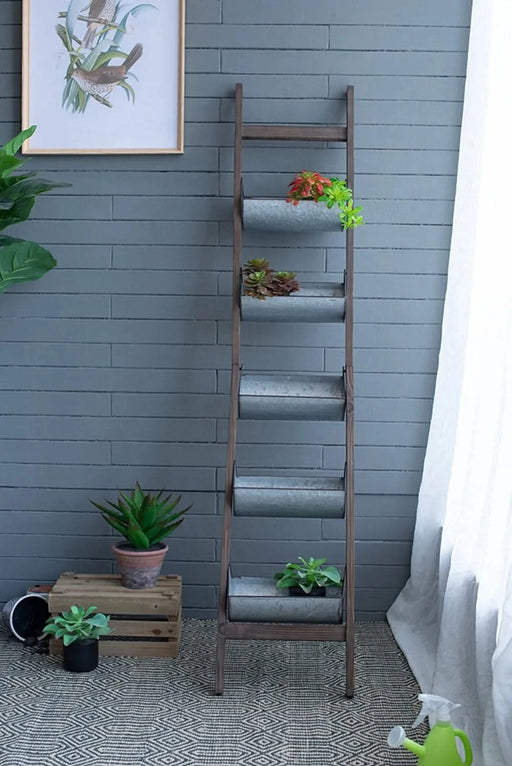 Farmhouse Foldable Reed Galvanized and Wood Ladder Planter 14.2' x 7.5' x 70.9' Default -DTYStore