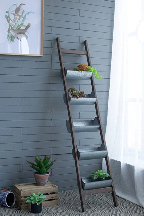 Farmhouse Foldable Reed Galvanized and Wood Ladder Planter 14.2' x 7.5' x 70.9' Default -DTYStore