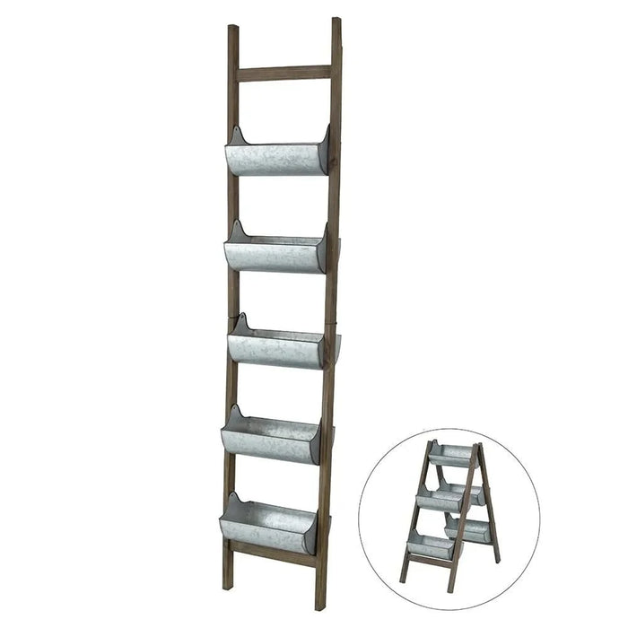 Farmhouse Foldable Reed Galvanized and Wood Ladder Planter 14.2' x 7.5' x 70.9' Default -DTYStore