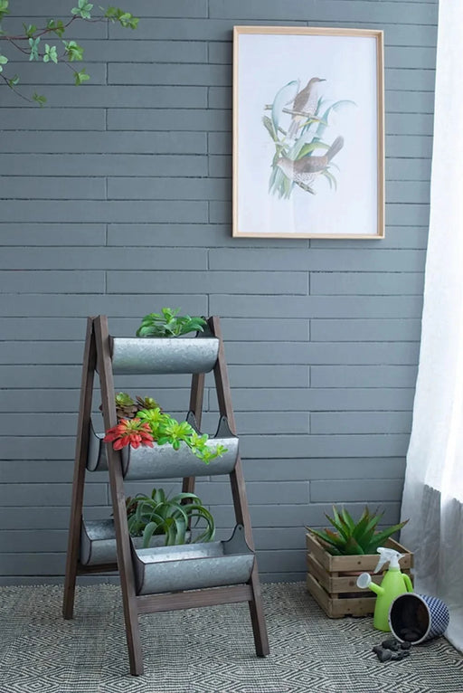 Farmhouse Foldable Reed Galvanized and Wood Ladder Planter 14.2' x 7.5' x 70.9' Default -DTYStore