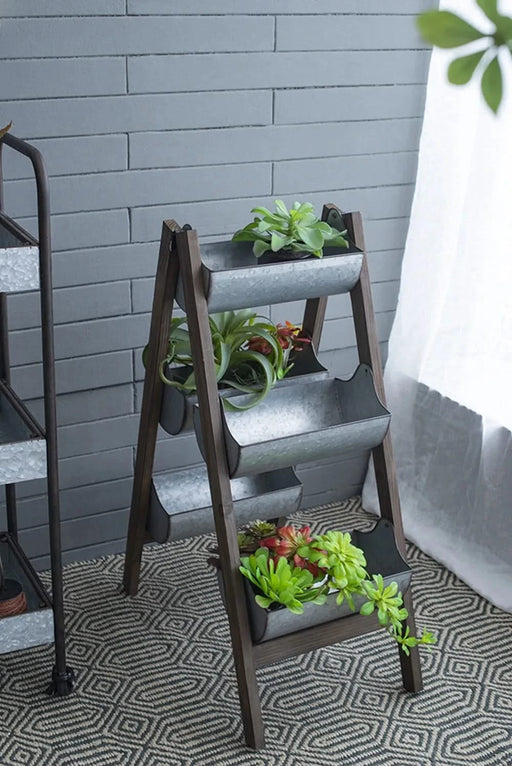 Farmhouse Foldable Reed Galvanized and Wood Ladder Planter 14.2' x 7.5' x 70.9' Default -DTYStore