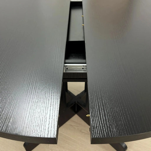 Farmhouse Kitchen Dining Table 59x43 Inch Expandable Oval Top with Removable Leaf Black MDF Default -DTYStore