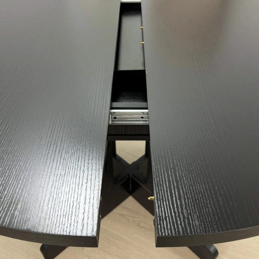 Farmhouse Kitchen Dining Table 59x43 Inch Expandable Oval Top with Removable Leaf Black MDF Default -DTYStore