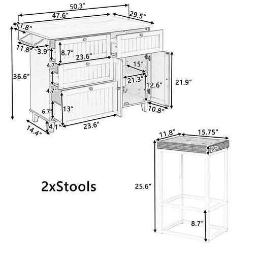 Farmhouse Kitchen Island Set with Drop Leaf and 2 Seatings,Dining Table Set with Storage Cabinet, Drawers and Towel Rack, Blue+Black+Brown Default -DTYStore