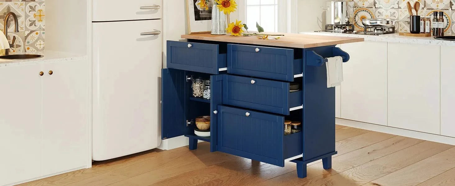 Farmhouse Kitchen Island Set with Drop Leaf and 2 Seatings,Dining Table Set with Storage Cabinet, Drawers and Towel Rack, Blue+Black+Brown Default -DTYStore