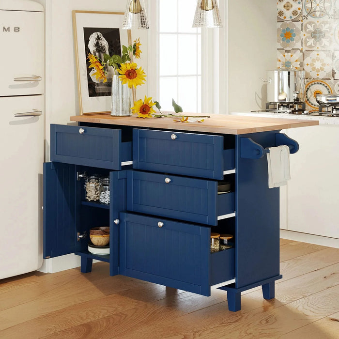 Farmhouse Kitchen Island Set with Drop Leaf and 2 Seatings,Dining Table Set with Storage Cabinet, Drawers and Towel Rack, Blue+Black+Brown Default -DTYStore