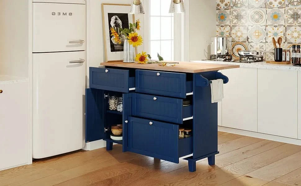 Farmhouse Kitchen Island Set with Drop Leaf and 2 Seatings,Dining Table Set with Storage Cabinet, Drawers and Towel Rack, Blue+Black+Brown Default -DTYStore