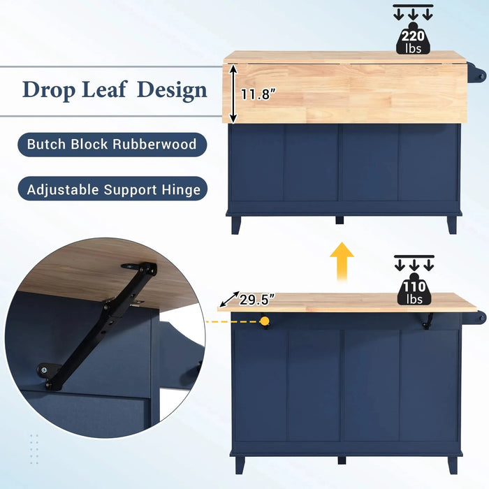 Farmhouse Kitchen Island Set with Drop Leaf and 2 Seatings,Dining Table Set with Storage Cabinet, Drawers and Towel Rack, Blue+Black+Brown Default -DTYStore