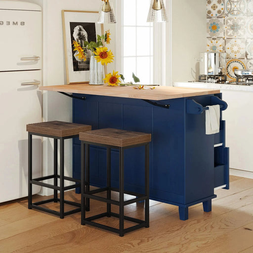 Farmhouse Kitchen Island Set with Drop Leaf and 2 Seatings,Dining Table Set with Storage Cabinet, Drawers and Towel Rack, Blue+Black+Brown Default -DTYStore
