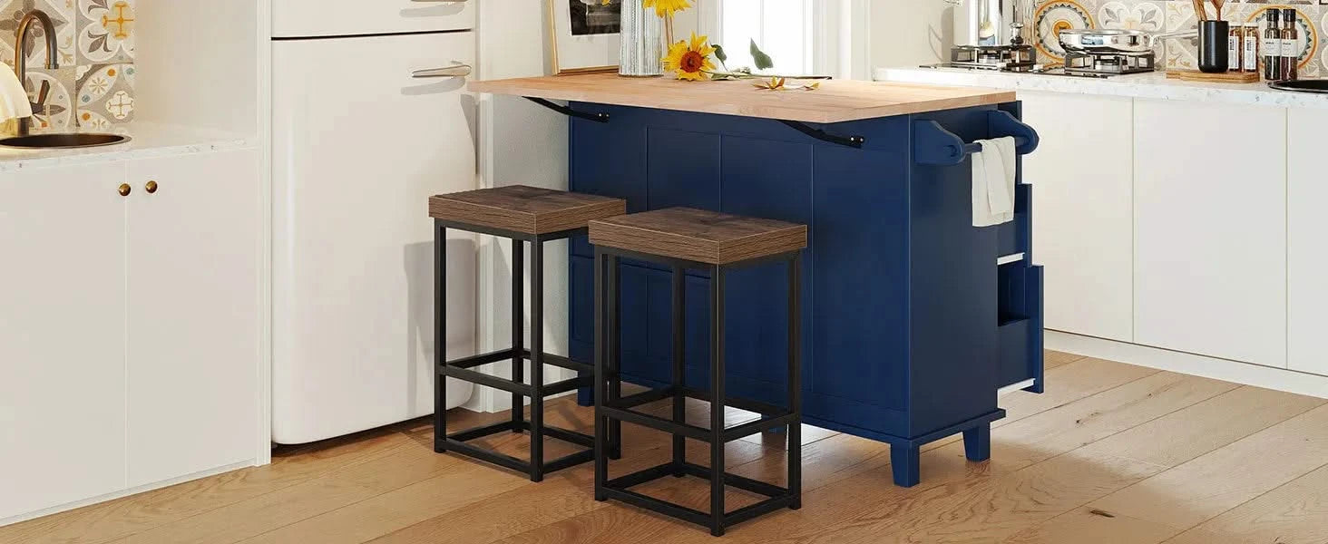 Farmhouse Kitchen Island Set with Drop Leaf and 2 Seatings,Dining Table Set with Storage Cabinet, Drawers and Towel Rack, Blue+Black+Brown Default -DTYStore