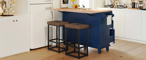 Farmhouse Kitchen Island Set with Drop Leaf and 2 Seatings,Dining Table Set with Storage Cabinet, Drawers and Towel Rack, Blue+Black+Brown Default -DTYStore