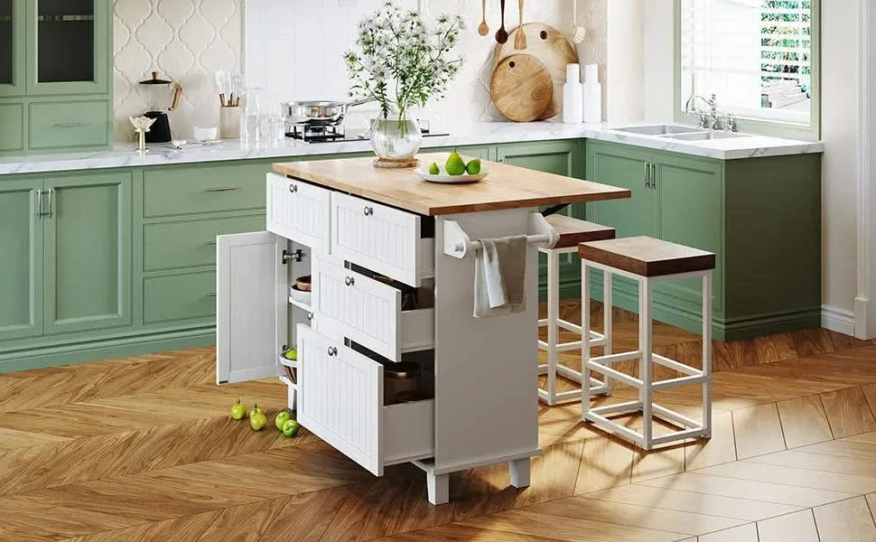 Farmhouse Kitchen Island Set with Drop Leaf and 2 Seatings,Dining Table Set with Storage Cabinet, Drawers and Towel Rack, White+Rustic Brown Default -DTYStore