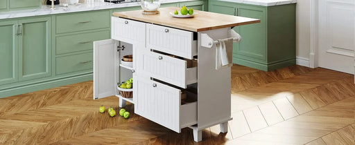 Farmhouse Kitchen Island Set with Drop Leaf and 2 Seatings,Dining Table Set with Storage Cabinet, Drawers and Towel Rack, White+Rustic Brown Default -DTYStore