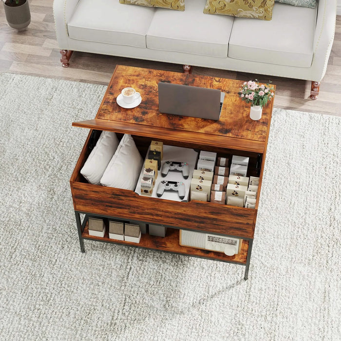 Farmhouse Rustic Flip Top Coffee Table with Hidden Storage, Wood Grain, Metal Frame, 31.5'L*31.5W*20.5H Default -DTYStore