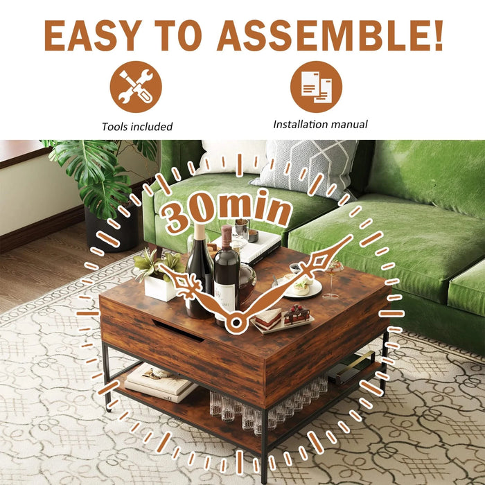 Farmhouse Rustic Flip Top Coffee Table with Hidden Storage, Wood Grain, Metal Frame, 31.5'L*31.5W*20.5H Default -DTYStore