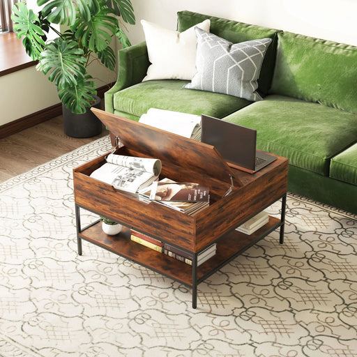 Farmhouse Rustic Flip Top Coffee Table with Hidden Storage, Wood Grain, Metal Frame, 31.5'L*31.5W*20.5H Default -DTYStore