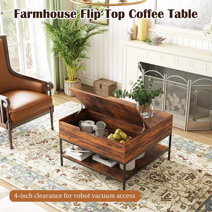 Farmhouse Rustic Flip Top Coffee Table with Hidden Storage, Wood Grain, Metal Frame, 31.5'L*31.5W*20.5H Default -DTYStore
