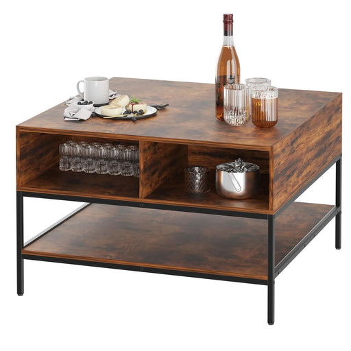 Farmhouse Rustic Flip Top Coffee Table with Hidden Storage, Wood Grain, Metal Frame, 31.5'L*31.5W*20.5H Default -DTYStore