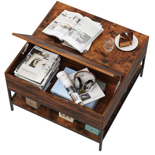 Farmhouse Rustic Flip Top Coffee Table with Hidden Storage, Wood Grain, Metal Frame, 31.5'L*31.5W*20.5H Default -DTYStore