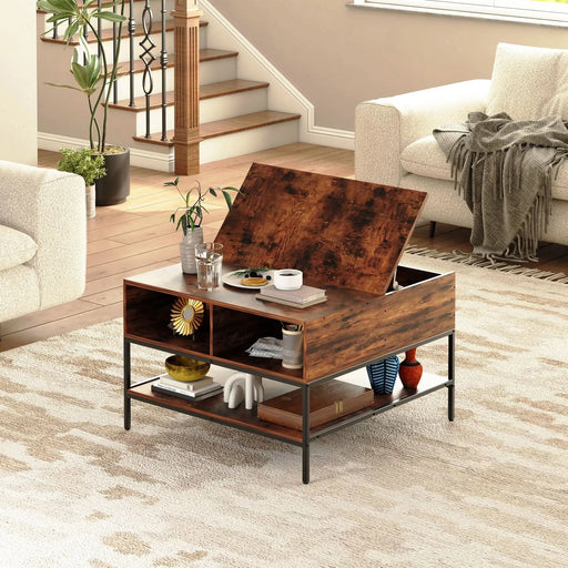 Farmhouse Rustic Flip Top Coffee Table with Hidden Storage, Wood Grain, Metal Frame, 31.5'L*31.5W*20.5H Default -DTYStore