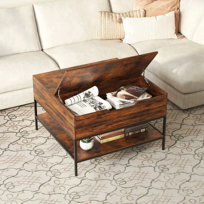 Farmhouse Rustic Flip Top Coffee Table with Hidden Storage, Wood Grain, Metal Frame, 31.5'L*31.5W*20.5H Default -DTYStore