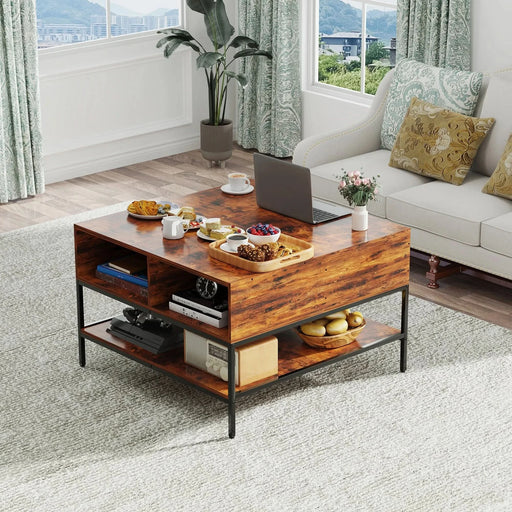 Farmhouse Rustic Flip Top Coffee Table with Hidden Storage, Wood Grain, Metal Frame, 31.5'L*31.5W*20.5H Default -DTYStore
