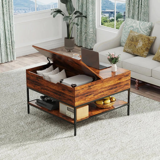 Farmhouse Rustic Flip Top Coffee Table with Hidden Storage, Wood Grain, Metal Frame, 31.5'L*31.5W*20.5H Default -DTYStore