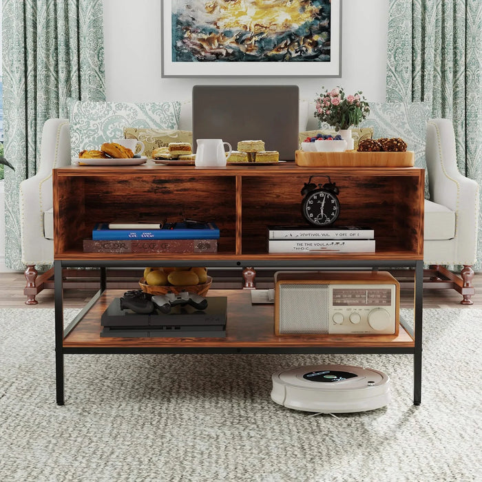 Farmhouse Rustic Flip Top Coffee Table with Hidden Storage, Wood Grain, Metal Frame, 31.5'L*31.5W*20.5H Default -DTYStore