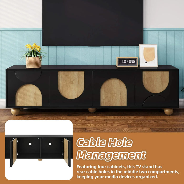 Farmhouse TV Stand with Cable Holes for TVs up to 75', Cream Style Media Console with Rebound Device, Elegant Entertainment Center with 5 Solid Wood Legs for Living Room, Bedroom, Black, 69.6'W Default -DTYStore