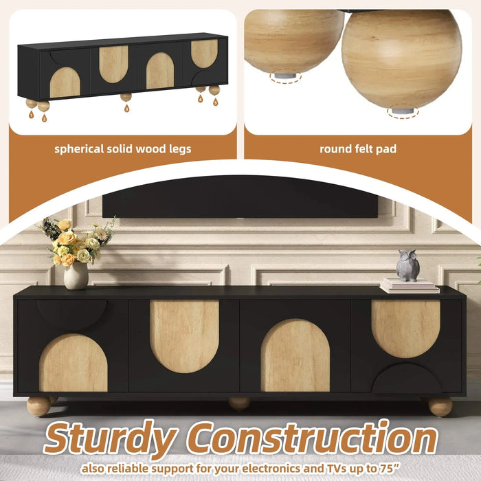 Farmhouse TV Stand with Cable Holes for TVs up to 75', Cream Style Media Console with Rebound Device, Elegant Entertainment Center with 5 Solid Wood Legs for Living Room, Bedroom, Black, 69.6'W Default -DTYStore