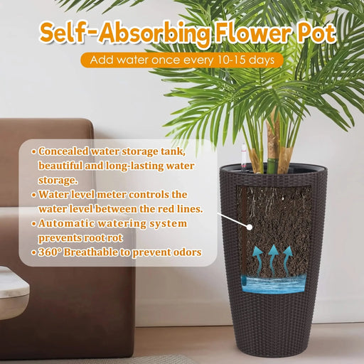 Faux Rattan Tall Planters Set of 2 with Water Level Monitor and Automatic Watering, Brown, 22 Inch Default -DTYStore