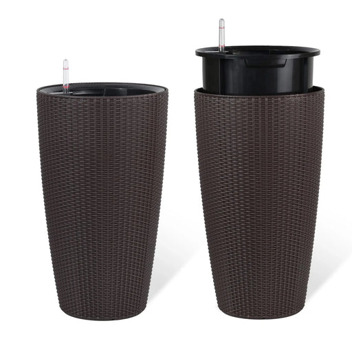 Faux Rattan Tall Planters Set of 2 with Water Level Monitor and Automatic Watering, Brown, 22 Inch Default -DTYStore