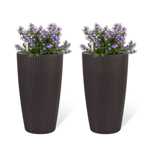Faux Rattan Tall Planters Set of 2 with Water Level Monitor and Automatic Watering, Brown, 22 Inch Default -DTYStore