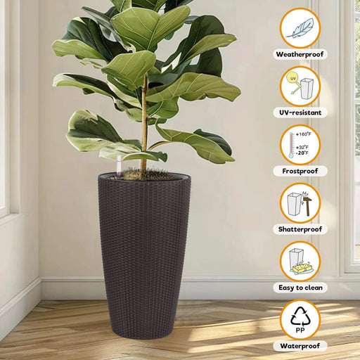 Faux Rattan Tall Planters Set of 2 with Water Level Monitor and Automatic Watering, Brown, 22 Inch Default -DTYStore