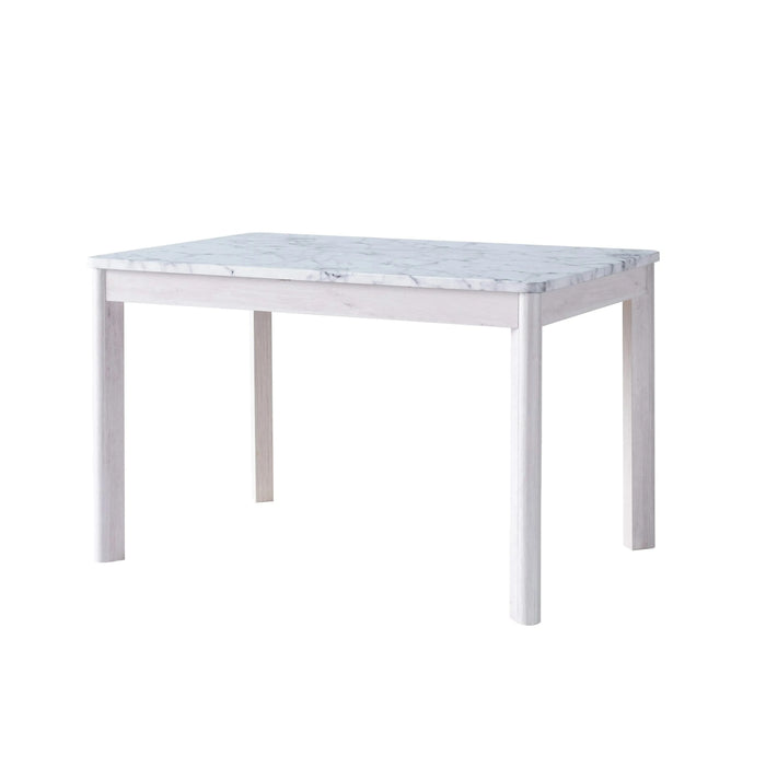 Faux marble white dining table top Four rounded leg posts Rounded table corners White Oak leg color Default -DTYStore