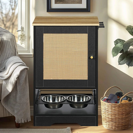 Feeding Station with 1 Storage Cabinets, Pet Feeding Station with 2 Elevated Dog Bowls, Side Hooks, Anti-tip Kit, Hidden Pet Feeder Station for Feeding & Watering, Black Default -DTYStore