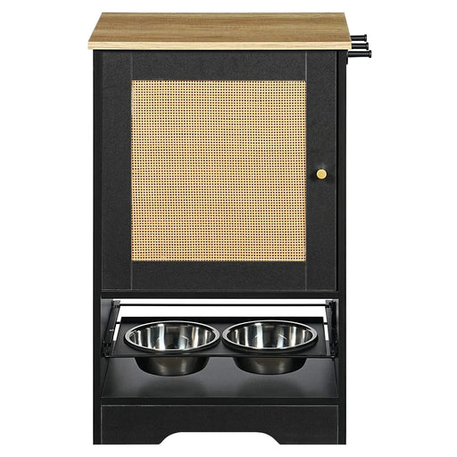 Feeding Station with 1 Storage Cabinets, Pet Feeding Station with 2 Elevated Dog Bowls, Side Hooks, Anti-tip Kit, Hidden Pet Feeder Station for Feeding & Watering, Black Default -DTYStore