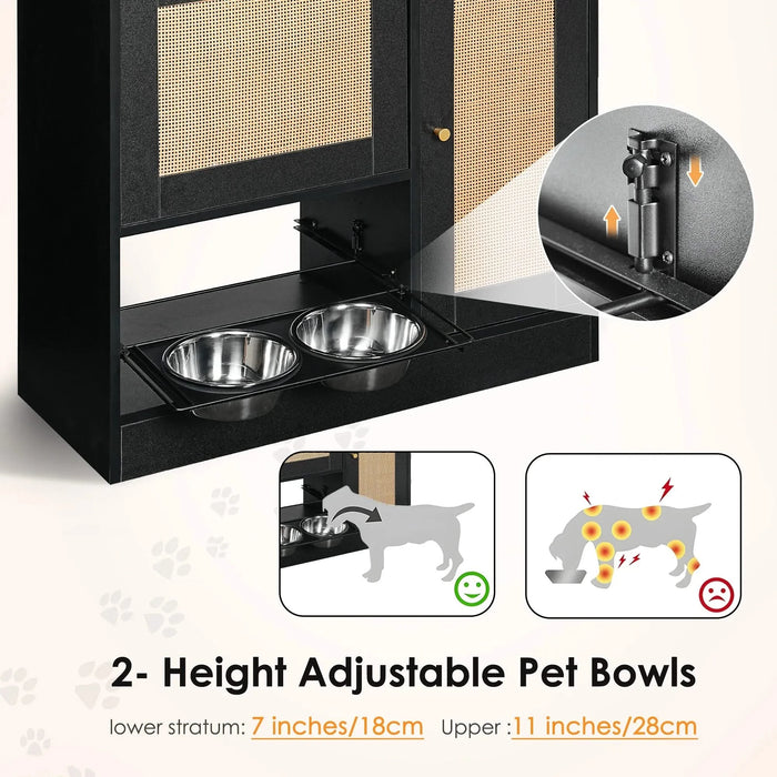 Feeding station with 2 lockers, pet feeding station with 2 elevated dog bowls, side hooks, anti-tipping kit, hidden pet feeding station for feeding and watering, rattan door, black Default -DTYStore
