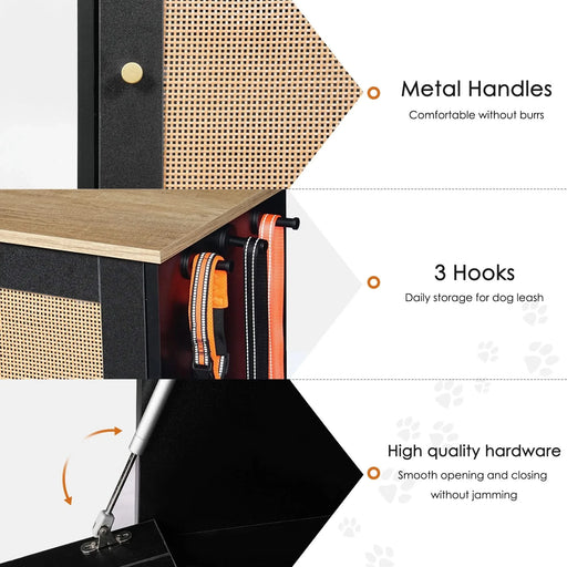 Feeding station with 2 lockers, pet feeding station with 2 elevated dog bowls, side hooks, anti-tipping kit, hidden pet feeding station for feeding and watering, rattan door, black Default -DTYStore