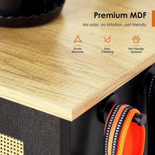 Feeding station with 2 lockers, pet feeding station with 2 elevated dog bowls, side hooks, anti-tipping kit, hidden pet feeding station for feeding and watering, rattan door, black Default -DTYStore